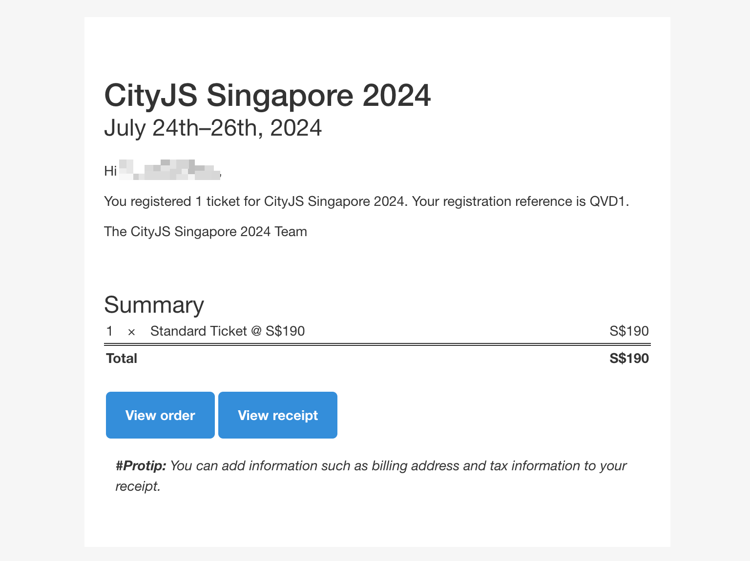 Screenshot of CityJS ticket confirm email, showing that 1 standard ticket price is 190 Singapore Dollar