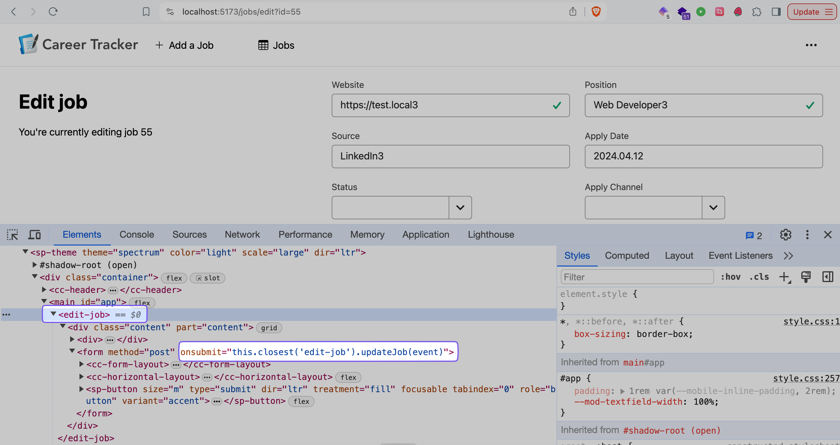 Screenshot of dev tools showing using web components internal methods with onclick